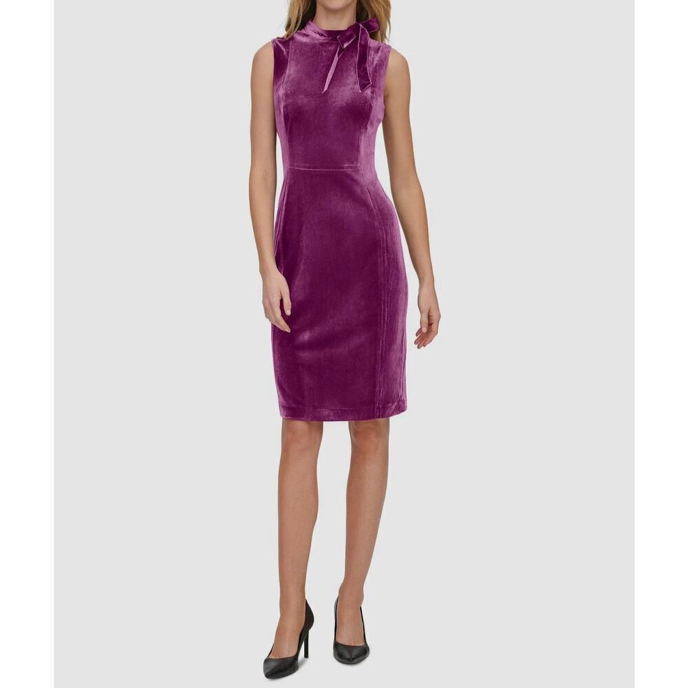 Calvin Klein Women's Purple Velvet Bow Mock Neck Sleeveless Sheath Dress Size 10